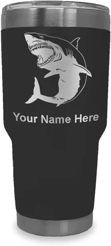 Miniatura 29 de LaserGram Vaso aislado al vacío de 20 onzas, gran tiburón blanco, grabado personalizado incluido (negro)