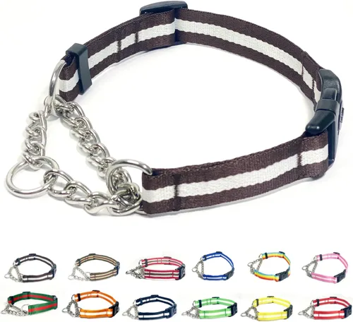 Miniatura 11 de Collar Martingale para perros, collares de nailon ajustables con hebilla de liberación rápida, rayas multicolores, cadena de acero inoxidable