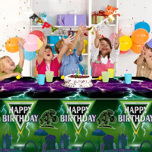 Miniatura 6 de Manteles de camión monstruo verde y morado – Funda rectangular desechable para baby shower, fiesta de cumpleaños de niños, decoración de mesa