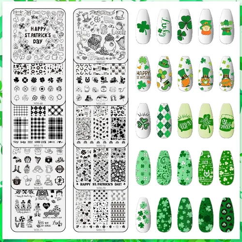 Miniatura 2 de Whaline Juego de 10 placas de estampado de arte de uñas del día de San Patricio, plantillas de sello de imagen de gnomo de trébol, trébol