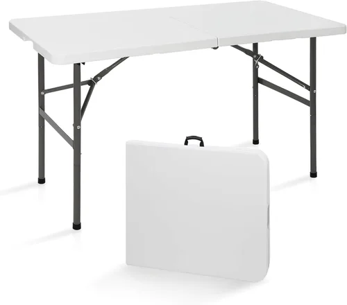 SUPER DEAL Mesa plegable portátil de plástico de 4 pies, pequeña para interiores y exteriores, resistente, plegable por la mitad, mesa para picnic,