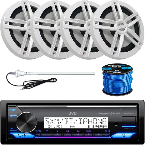 Miniatura 7 de JVC Receptor estéreo marino Bluetooth USB/AUX de un solo DIN, 4 altavoces negros de barco de 6.5 pulgadas y 180 vatios, antena de radio negra