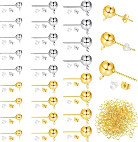 Miniatura 7 de Juego de 780 aretes de bola, hipoalergénicos, de 4/5/0.236 in, redondos, con lazos, suministros para aretes de mariposa y parte trasera de silicona