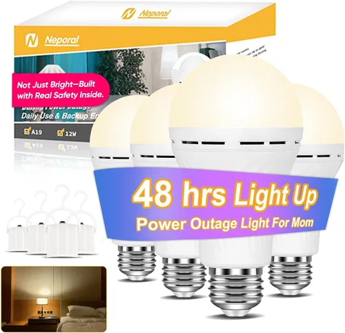 Miniatura 8 de Neporal LITE Bombillas de luz de emergencia recargables A19, se encienden hasta por 48 horas, bombilla de batería, bombilla LED E26 de 5000K, luces