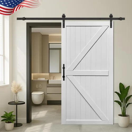 Miniatura 12 de S&Z TOPHAND® Puerta de granero doble de MDF de 18 x 84 pulgadas con kit de herrajes para puerta corredera de 6 pies, tablero sólido de puerta