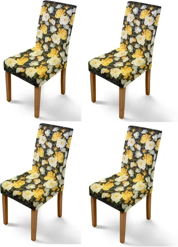 Miniatura 45 de HUGS IDEA Yellow Floral Chair Covers for Dining Room Set of 2 Flowers Kitchen Chair Covers Washable Dining Chairs Slipcovers Cubre Sillas