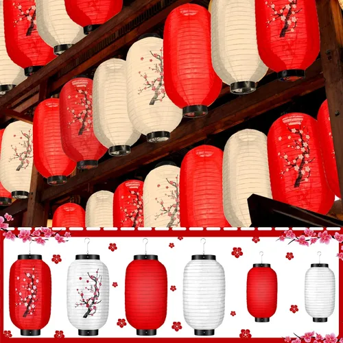 Miniatura 7 de Riakrum 12 faroles colgantes tradicionales japoneses de flores de ciruelo, faroles de papel blanco y rojo, faroles japoneses para decoración