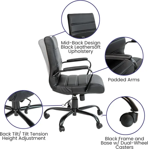 Miniatura 4 de Flash Furniture Whitney Silla de escritorio giratoria de LeatherSoft con respaldo medio y asiento acolchado y reposabrazos acolchados, silla de Negro