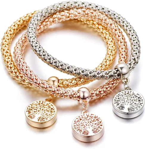 Miniatura 6 de Pulseras multicapa con dijes de cristal, 3 unidades, oro y plata, oro rosa, pulsera elástica en forma de corazón para mujer, árbol de la vida