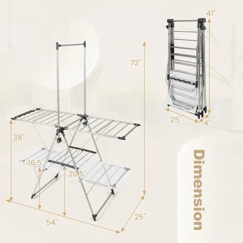 Miniatura 6 de Tangkula Estante de secado de ropa plegable, estante de secado de ropa de 2 niveles con barra colgante alta, ala de gaviota ajustable en altura