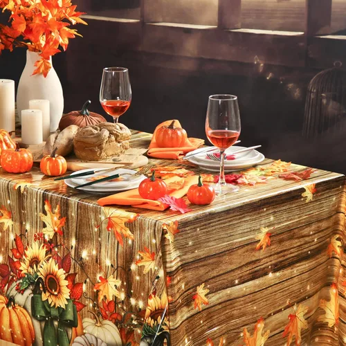 Miniatura 2 de Tranqun 4 manteles de otoño de 108 x 54 pulgadas, mantel rectangular de plástico de calabaza de Acción de Gracias, hojas de arce, hojas de arce