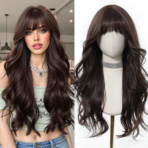 Miniatura 12 de Esmee Pelucas largas onduladas de color rubio ceniza para mujer con flecos, peluca de cabello sintético natural para uso diario y de fiesta