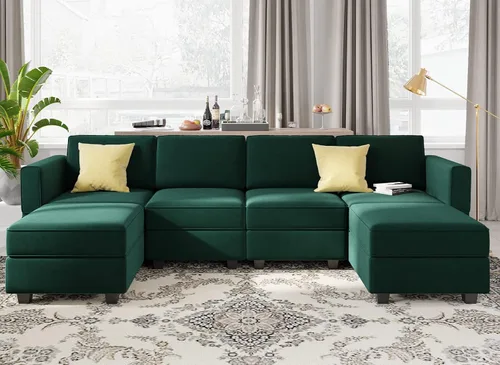 Miniatura 10 de Belffin Sofá modular en forma de U con tumbonas reversibles, de terciopelo, con asiento de almacenamiento, color negro