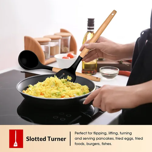 Miniatura 4 de E-far Juego de 6 utensilios de cocina de silicona con mango de madera, utensilios de cocina antiadherentes y resistentes al calor, incluye Negro