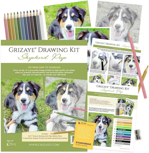 Grizaye Kit de dibujo: Taller de Pastor | Preimpreso en papel artístico, con un juego de 12 lápices de colores, fotos, clase paso a paso y guía de