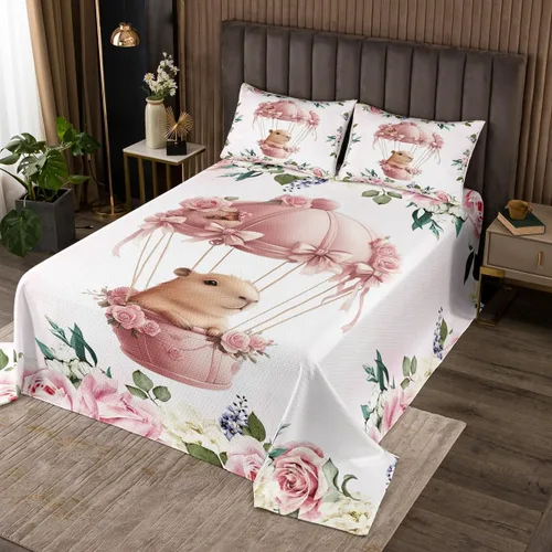 Miniatura 16 de Manfei Lindo pingüino para niños, tamaño individual, juego de colcha de princesa con lazo rosa con globo aerostático, decoración de habitación