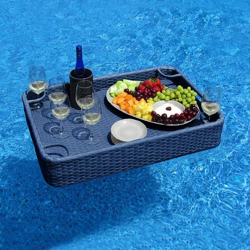 Miniatura 11 de SUNJOY Bandeja flotante de mimbre de 36 x 24 pulgadas. Accesorio de piscina con marco de aluminio, bandeja flotante para servir bebidas, aperitivos