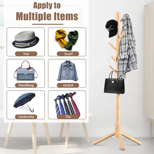Miniatura 6 de Haddockway Perchero de madera con 8 ganchos, pino de Nueva Zelanda, 3 abrigos ajustables, fácil montaje para abrigos, sombreros, bufandas y bolsos
