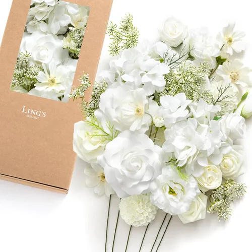 Miniatura 29 de Ling's moment Caja de Flores Falsas, Tallos de Vegetación Artificial Falsa Rosas de Espuma Dalias de Seda Hojas de Rosa Flor de Tela para Centros