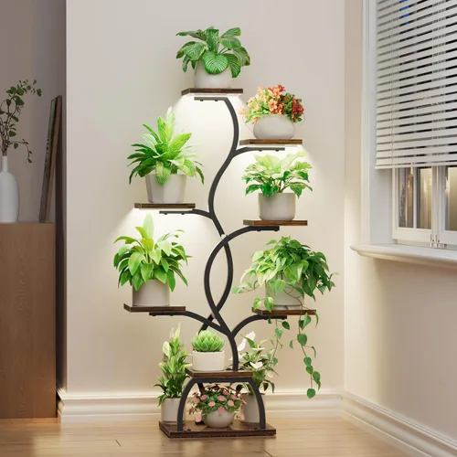 Miniatura 9 de EVAWOO Soporte para plantas de interior con luz de crecimiento, estante para plantas de 8 niveles para interiores, soporte de esquina para plantas
