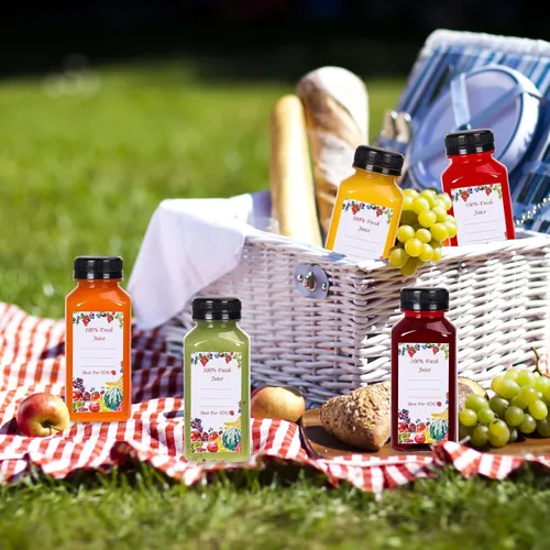 Miniatura 6 de SUPERLELE 12 botellas de plástico de 8 onzas con tapas, recipientes transparentes reutilizables para jugo con etiquetas, embudo y cepillo
