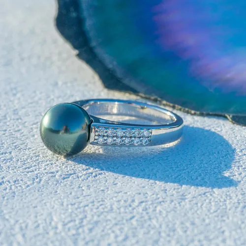 Miniatura 7 de Anillo de perlas negras de Tahití de calidad AAA, perla cultivada natural del mar del sur, 0.36 cttw moissanita, anillos de plata esterlina S925