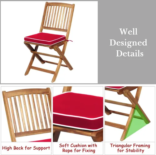 Miniatura 7 de Tangkula Juego de 3 piezas de sillas y mesa de madera de acacia para exteriores, con cojín acolchado y mesa de centro redonda, ideal para patio Rojo
