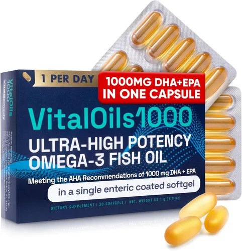 VitalOils1000 - Aceite de pescado Omega 3 de 1200 mg con 1000 mg de DHA+EPA por cápsula (750 DHA + 250 EPA), fácil de tragar, certificado IFOS 5