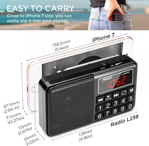 Miniatura 2 de PRUNUS Radio pequeña 429, radio de bolsillo, radio AM FM con carga USB, botón grande, altavoz de neodimio, guardado automático, unidad flash USB