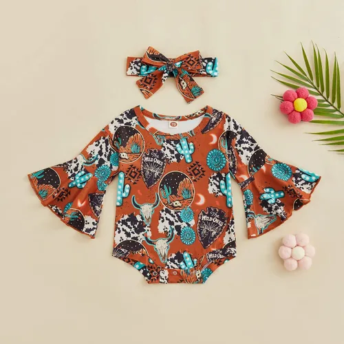 Miniatura 2 de Kayotuas Mameluco de manga acampanada para bebé niña con estampado de vaca floral con diadema para bebé