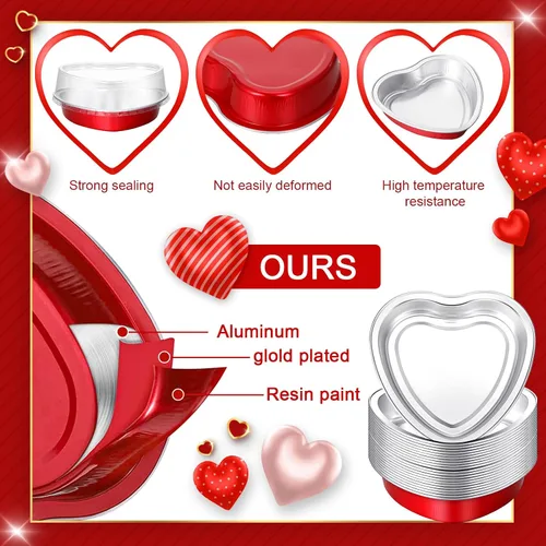 Miniatura 4 de Yinkin Juego de 50 moldes de aluminio con forma de corazón de 9 onzas con tapa, moldes desechables de papel de aluminio para cupcakes, moldes