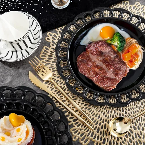 Miniatura 2 de COLOSUS Juego de 60 platos de plástico negro, platos barrocos elegantes, elegantes platos desechables con borde de encaje, platos de plástico