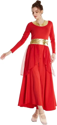 MYRISAM Mujeres Alabanza Bata de Baile Culto Litúrgico Cintura Metálico Vestido de Manga Larga Falda de Gasa Traje Lírico