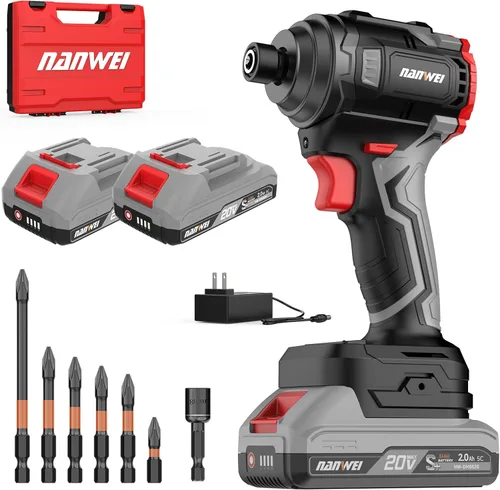 NANWEI Destornillador de impacto sin escobillas de 20 V, par máximo de 2100 In-lbs (240 N·m), vástago hexagonal de 1/4 pulgadas, 2 baterías de 2.0