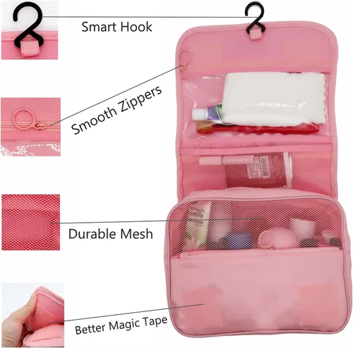 Miniatura 3 de Neceser colgante – Organizador grande de viaje de maquillaje cosmético para hombres y mujeres con gancho resistente, Rosado
