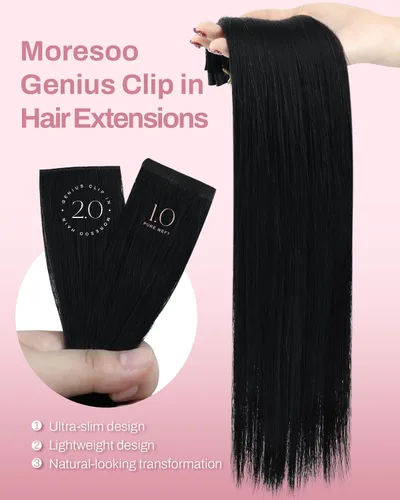 Miniatura 3 de Moresoo Genius - Extensiones de cabello humano real con clip, color negro azabache, invisibles, sin costuras, de trama de piel sintética