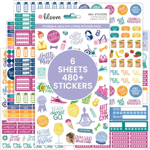 bloom daily planners - Hojas adhesivas para planificador de salud, bienestar y fitness - Paquete de calcomanías variadas - ¡Seis hojas adhesivas por