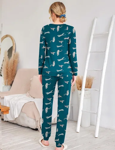 Miniatura 293 de Ekouaer Conjunto de pijama de manga larga para mujer, ropa de dormir suave con cuello redondo y bolsillos