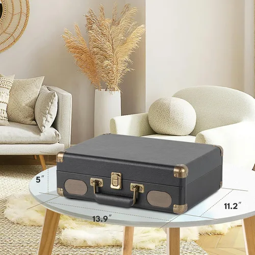 Miniatura 5 de Tocadiscos de vinilo portátil de 3 velocidades con Bluetooth con batería recargable, diseño retro de maleta, salida de línea Aux in/RCA y puertos