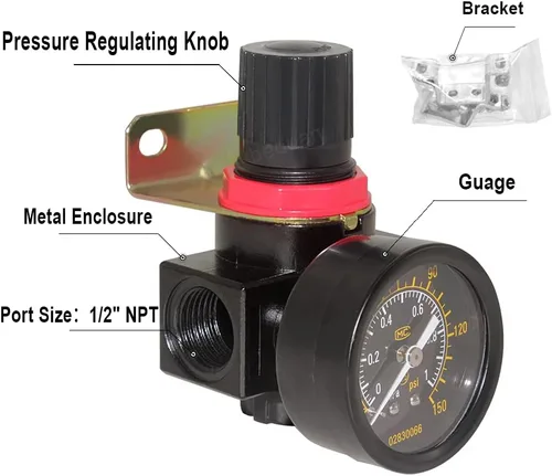 Miniatura 5 de Beduan BR4000 Compresor de Aire Regulador Combo 1/2" NPT, Drenaje Manual con Soporte, Calibre