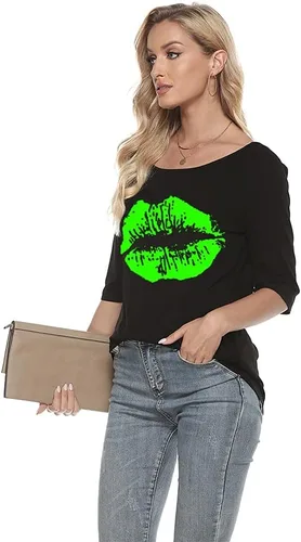 Miniatura 5 de MAGICMK Camiseta casual de talla grande con estampado de labios y hombros descubiertos para mujer