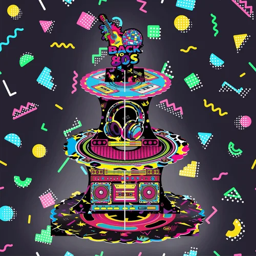 Miniatura 5 de Soporte retro para cupcakes de los años 80, 3 niveles de vuelta a los años 80 para fiesta de discoteca de cartón, bandeja redonda para postres