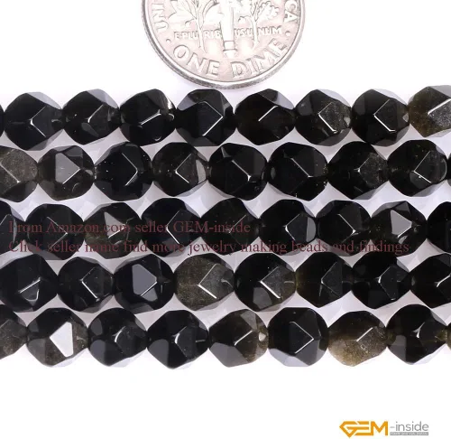 Miniatura 2 de GEM-Inside - Cuentas de obsidiana dorada natural de 0.236 in, semipreciosas redondas facetadas para hacer joyas de 15 pulgadas