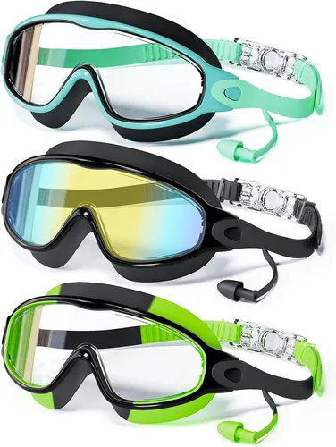 Miniatura 11 de Paquete de 3 gafas de natación para niños, con tapones para los oídos, marco grande, antivaho, UV, visión amplia, para niños y niñas de 4 a 12 años