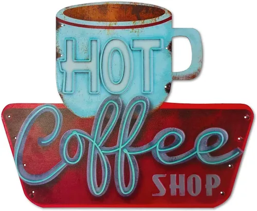 QMARK Letrero vintage de hojalata, tienda de café caliente, letrero de metal en relieve, decoración de pared de metal retro, letrero colgante de
