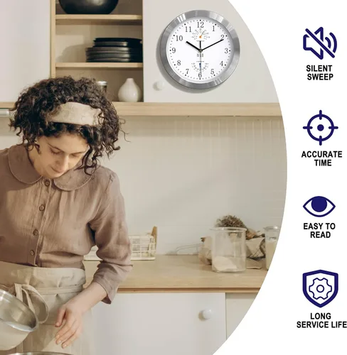 Miniatura 3 de HITO Reloj de pared silencioso de 10 pulgadas, funciona con pilas, sin tictac, con cubierta de vidrio, marco de aluminio plateado, para decoración