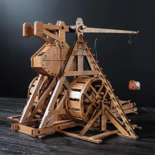 Miniatura 2 de Mini contrapeso Trebuchet con ruedas Europa Medieval Siege Carro Catapulta Armas DIY 3D Rompecabezas de madera Kits de modelos mecánicos Proyectos