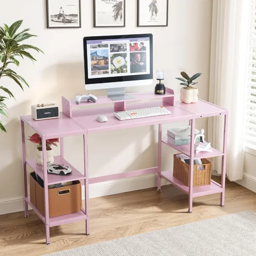 Miniatura 6 de MINOSYS Escritorio para computadora de 55 pulgadas con estante de almacenamiento - Rosa, ideal para dormitorios, espacios pequeños y oficinas