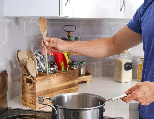 Miniatura 4 de Organizador de utensilios de madera para mostrador, organizador grande de utensilios de madera para encimera, almacenamiento de herramientas