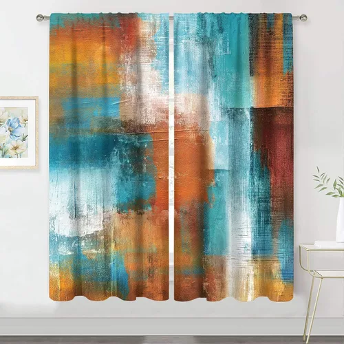 Miniatura 17 de MESHELLY Cortinas Rojas Abstractas 42Wx63H Pulgadas Bolsillo para Varilla Bloques Rústicos Borgoña Marrón Pintura al Óleo Casa de Campo Dormitorio